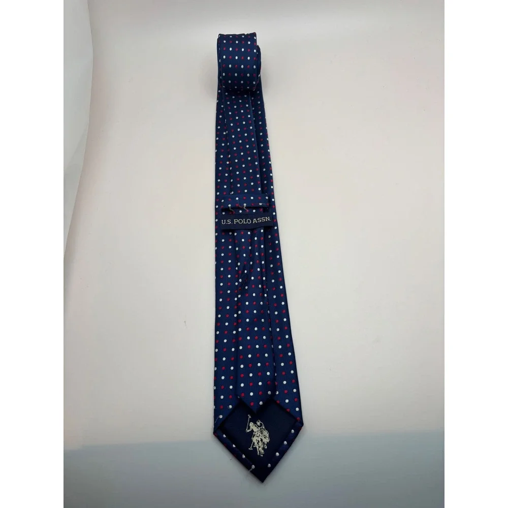 US Polo Assn Mens Navy Blue Red White Polka Dot Necktie Handmade Polyester